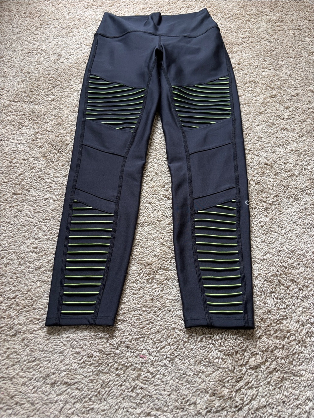 Alo Black Moto Leggings with green accent Small